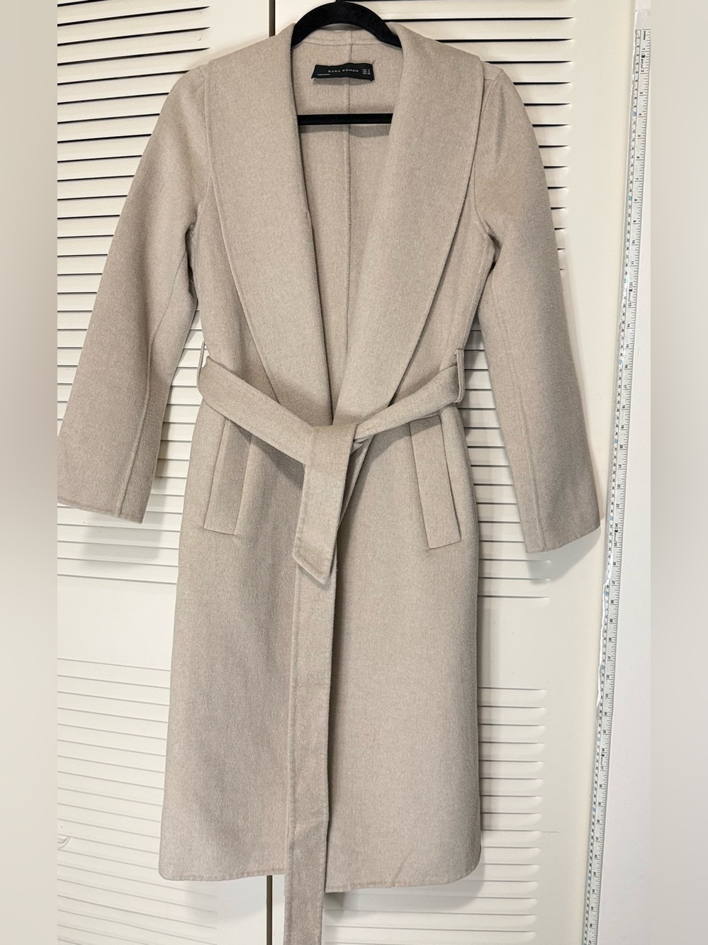 Zara Long Shawl Collar Belted Robe Coat - Light Beige